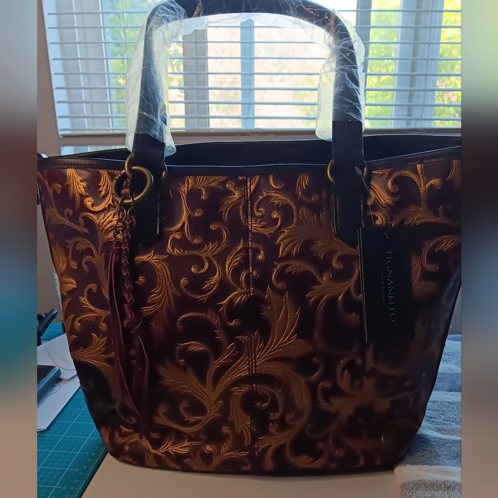 Tignanello Brown and Gold Tote with Elegant Baroque Design